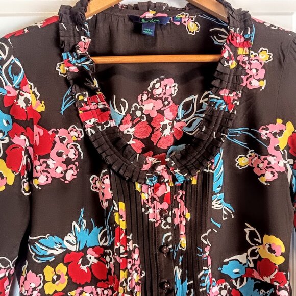 Boden Espresso Brown Floral Ruffle Neck Midi Dress - Picture 3 of 6